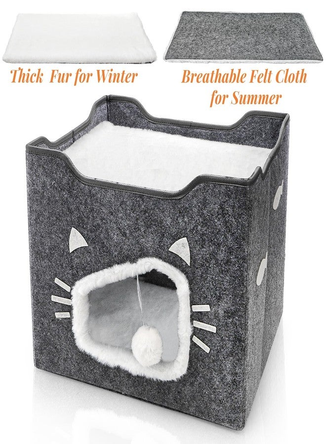 Acshio Cat House for Indoor Cats, Large Covered Cat Bed with Cushion Pad Fluffy Ball Hanging, Foldable Cute Cat Cave Bed Cat Condo Hideaway for Pet Cats, Multi Small Pet, Grey - Image 4